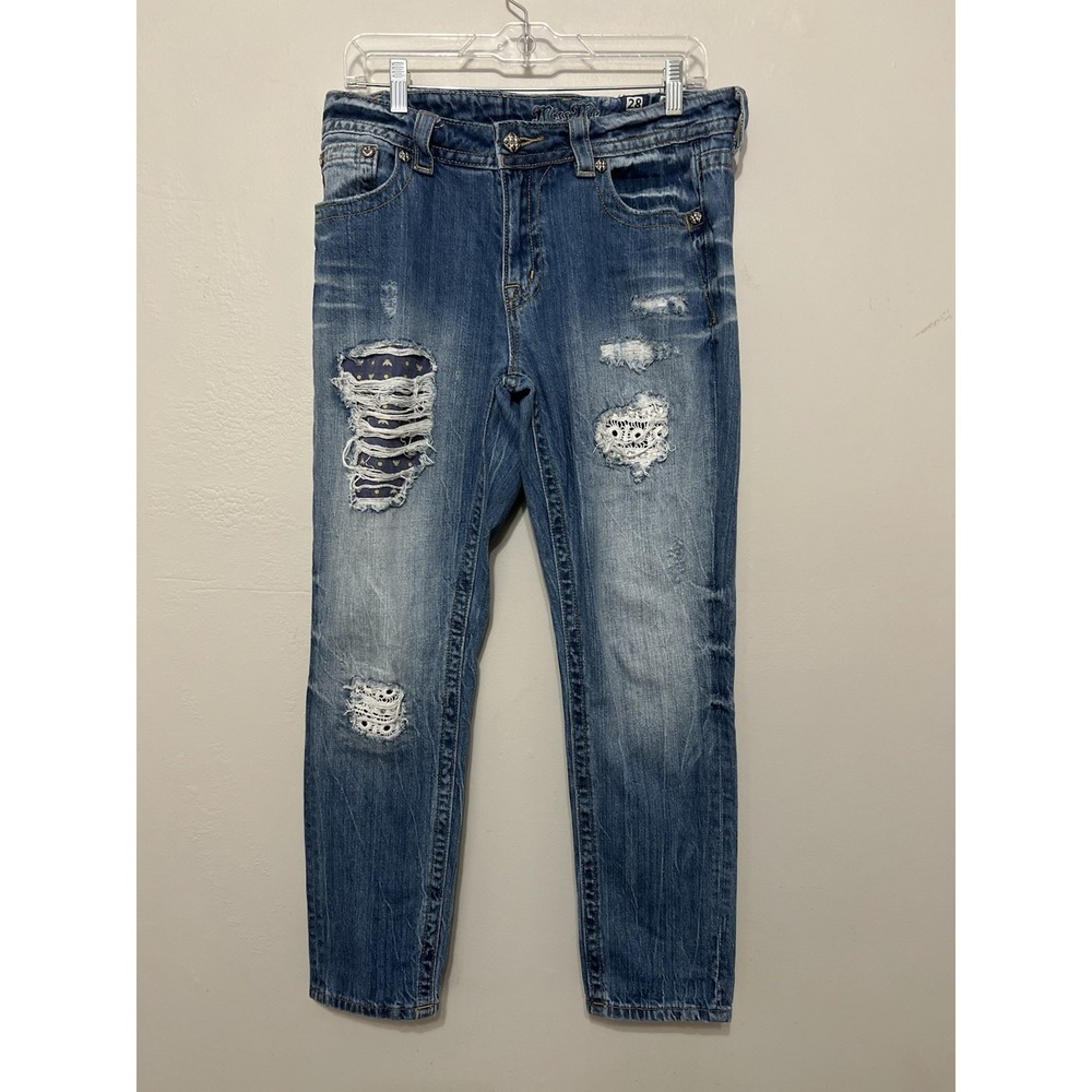 Miss Me Women's Size 28‎ Distressed Boyfriend Jeans Western Bling Blue Ankle